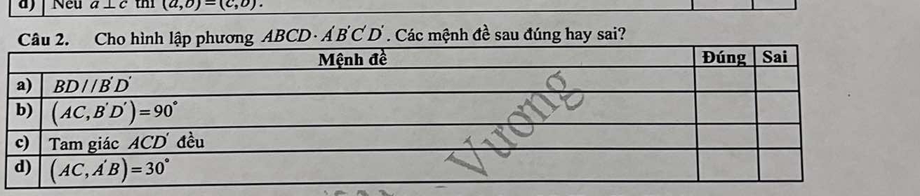 Neu a⊥ c th1 (a,b)=(c,o).
ABCD· A'B'C'D'. Các mệnh đề sau đúng hay sai?