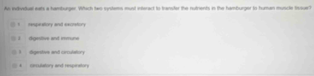 An individual eats a hamburger. Which two systems must interact to transter the nutrients in the hamburger to human muscle tissue?
1 respestory and encretory
2. digesitive and immune
3 digestive and circuletory
circulatory and respiratory