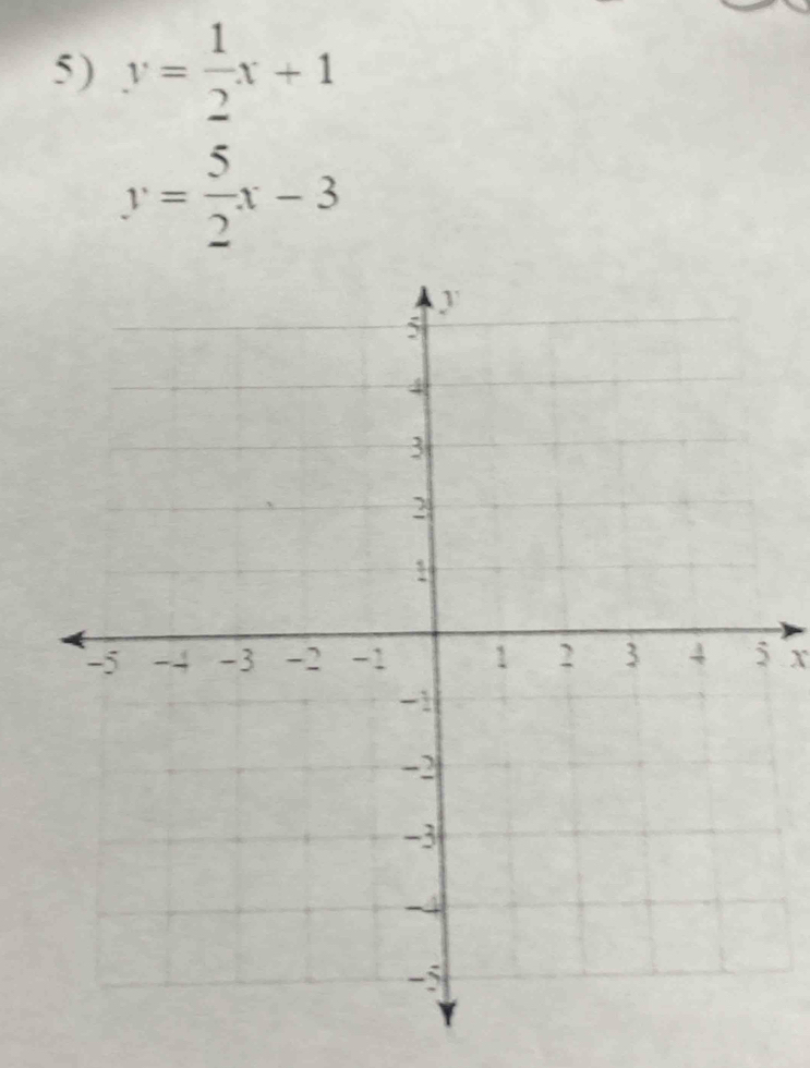 y= 1/2 x+1
y= 5/2 x-3
X