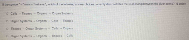 If the symbol "→ ” means "make up", which of the following answer choices correctly demonstrates the relationship between the given terms? (I point)
Cells → Tissues → Organs → Organ Systems
Organ Systems → Organs → Cells → Tissues
Tissues → Organ Systems → Cells → Organs
Organ Systems → Organs → Tissues → Cells