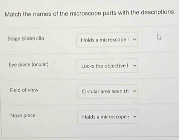 Solved: Match the names of the microscope parts with the descriptions ...