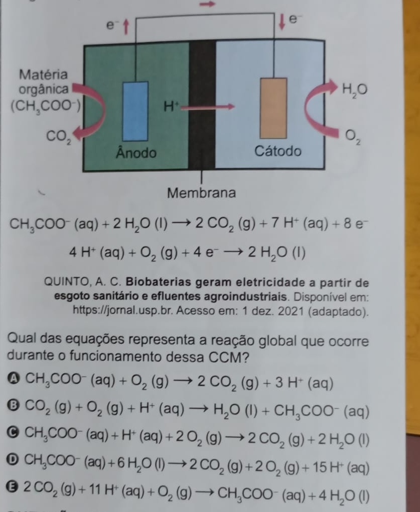 CH_3COO^-(aq)+2H_2O(l)to 2CO_2(g)+7H^+(aq)+8 e£
4H^+(aq)+O_2(g)+4e^-to 2H_2O(l)
QUINTO, A. C. Biobaterias geram eletricidade a partir de
esgoto sanitário e efluentes agroindustriais. Disponível em:
https://jornal.usp.br. Acesso em: 1 dez. 2021 (adaptado).
Qual das equações representa a reação global que ocorre
durante o funcionamento dessa CCM?
A CH_3COO^-(aq)+O_2(g)to 2CO_2(g)+3H^+(aq)
B CO_2(g)+O_2(g)+H^+(aq)to H_2O(l)+CH_3COO^-(aq)
C CH_3COO^-(aq)+H^+(aq)+2O_2(g)to 2CO_2(g)+2H_2O(l)
D CH_3COO^-(aq)+6H_2O(l)to 2CO_2(g)+2O_2(g)+15H^+(aq)
E 2CO_2(g)+11H^+(aq)+O_2(g)to CH_3COO^-(aq)+4H_2O(l)