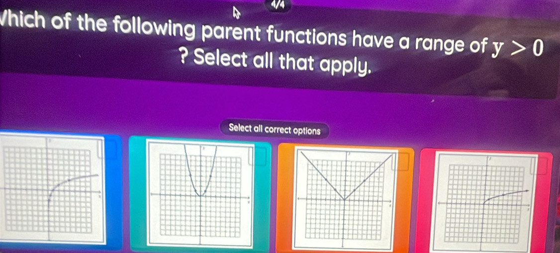 4/4 
Which of the following parent functions have a range of y>0
? Select all that apply. 
Select all correct options