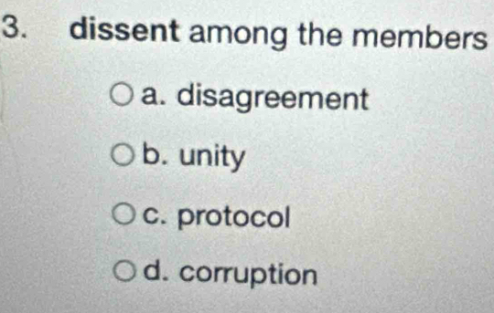 dissent among the members
a. disagreement
b. unity
c. protocol
d. corruption