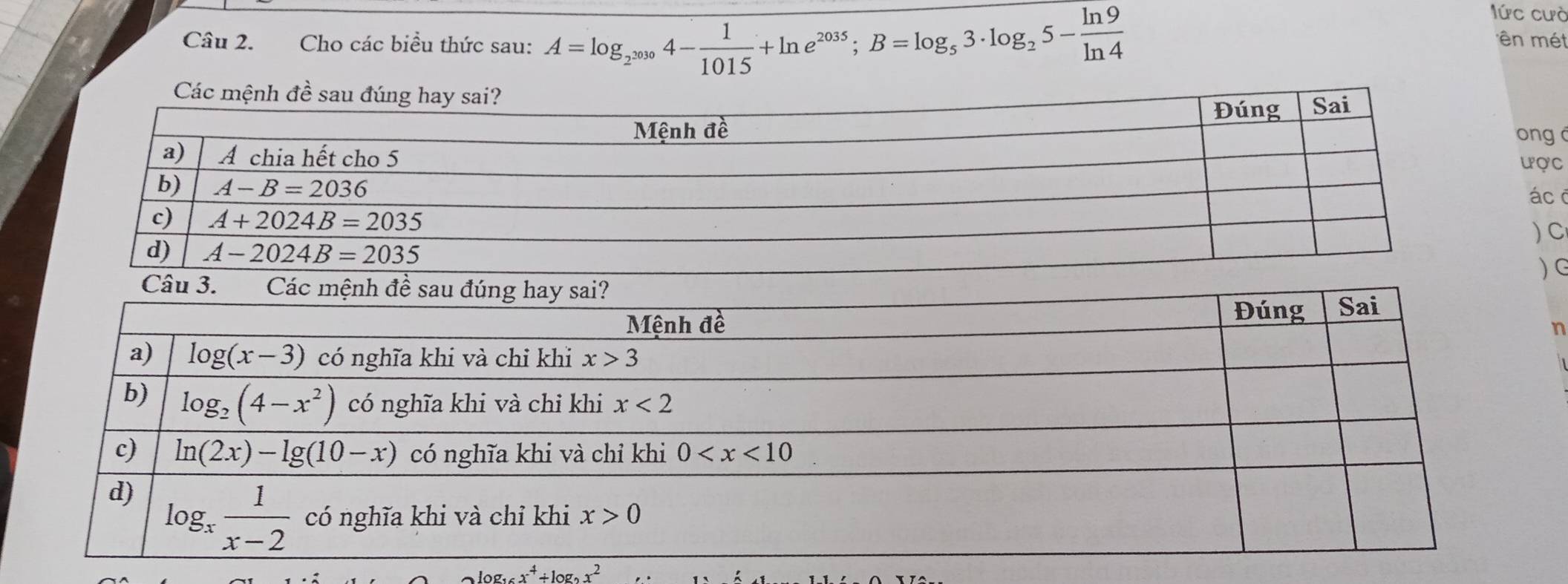 lức cưò
Câu 2. Cho các biểu thức sau: A=log _2^(2030)4- 1/1015 +ln e^(2035);B=log _53· log _25- ln 9/ln 4  ên mét
ong
UợC
ác c
) C
)G
n
_ log _16x^4+log _2x^2