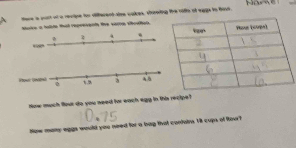 Here 's part of a recipe for different-size cakes, showing the ratto of eggs to four. 
Make a table that represents the same silvation. 
How much flour do you need for each egg in this recipe? 
How many eggs would you need for a bag that contains 18 cups of flour?