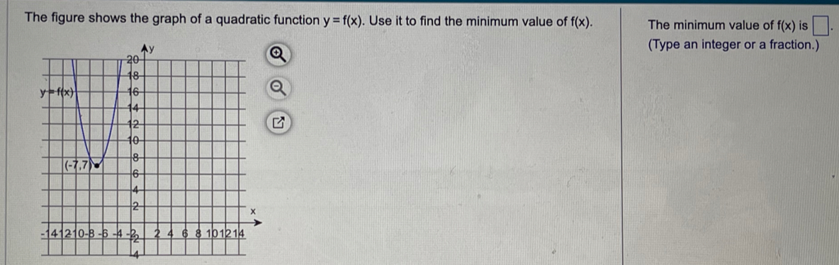 The figure shows the graph of a quadratic function y=f(x). Use it to find the minimum value of f(x). The minimum value of f(x) is □ .
(Type an integer or a fraction.)
4