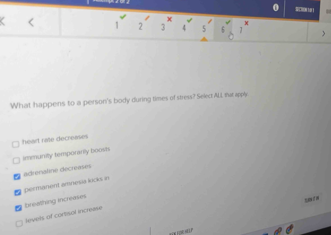 2 01 2
0 SECTION IOF 1 QUE

1 2 3 4 5 6 1 >
What happens to a person's body during times of stress? Select ALL that apply.
heart rate decreases
immunity temporarily boosts
adrenaline decreases
permanent amnesia kicks in
TURN IT IN
breathing increases
levels of cortisol increase
ASK FOR HELP