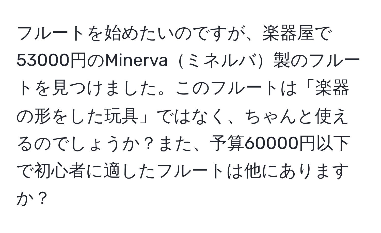 フルートを始めたいのですが、楽器屋で53000円のMinervaミネルバ製のフルートを見つけました。このフルートは「楽器の形をした玩具」ではなく、ちゃんと使えるのでしょうか？また、予算60000円以下で初心者に適したフルートは他にありますか？