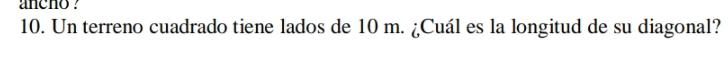 ancho ? 
10. Un terreno cuadrado tiene lados de 10 m. ¿Cuál es la longitud de su diagonal?