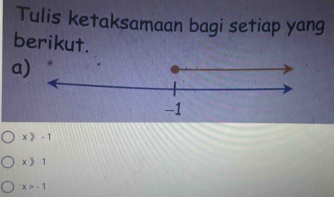 Tulis ketaksamaan bagi setiap yang
berikut.
a
x≥slant -1
x || 1
x>-1