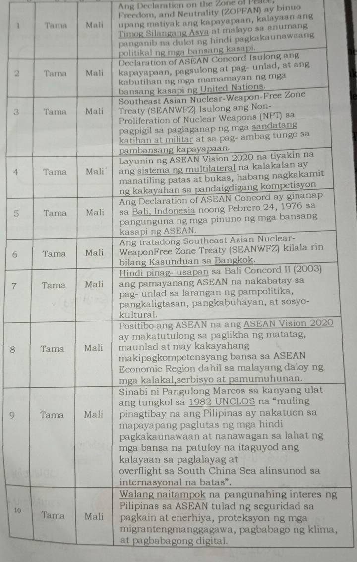 Ang Declaration on the Zone of Peae 
Freedom, and Neutrality (ZOPFAN) ay binuo 
1 Tama Mali upang matiyak ang kapayapaan, kalayaan ang 
a anumang
2
3
4
5
6
7
0
8
9
ng
10
a, 
at pagbabagong digital.