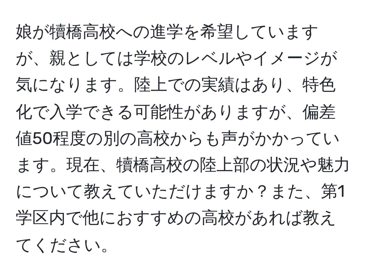 娘が犢橋高校への進学を希望していますが、親としては学校のレベルやイメージが気になります。陸上での実績はあり、特色化で入学できる可能性がありますが、偏差値50程度の別の高校からも声がかかっています。現在、犢橋高校の陸上部の状況や魅力について教えていただけますか？また、第1学区内で他におすすめの高校があれば教えてください。