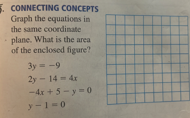 CONNECTING CONCEPTS 
Graph the equations in 
the same coordinate 
plane. What is the area 
of the enclosed figure?
3y=-9
2y-14=4x
-4x+5-y=0
y-1=0