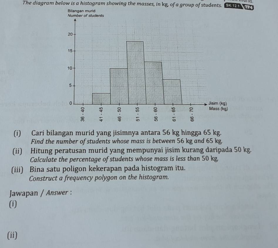 The diagram below is a histogram showing the masses, in kg, of a group of students. TP4 
(i) Cari bilangan murid yang jisimnya antara 56 kg hingga 65 kg. 
Find the number of students whose mass is between 56 kg and 65 kg. 
(ii) Hitung peratusan murid yang mempunyai jisim kurang daripada 50 kg. 
Calculate the percentage of students whose mass is less than 50 kg. 
(iii) Bina satu poligon kekerapan pada histogram itu. 
Construct a frequency polygon on the histogram. 
Jawapan / Answer : 
(i) 
(ii)