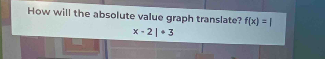 How will the absolute value graph translate? f(x)=|
x-2|+3