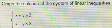 Graph the solution of the system of linear inequalities.
beginarrayl x+y≥ 2 x-y≤ 3endarray.