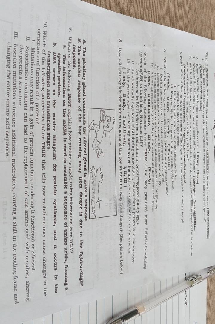 TEST II. Direction: Read each question carefully and UNDERLINE the BEST answer. ( NO ERASURES)
1. Which part of the female reproductive system is responsible for a baby's development?
(Útørus, Fallopian Tube)
2. “Where does the production of egg cells occur? ( Ovary , Uterus)
3. Which of the following hormones is secreted by the testes? ( Estrogen , Testosterone)
4. Which of the following hormones are responsible for the development of female physical traits such as
mammary glands, lean body, and wider pelvic bone?
(Androgen and Testosterone, Progesterone and Estrogen)
5.Which of the following is/are the role/a of androgen and testosterone in a male's body?
I. Regulates blood sugar levels.
II. Controls maturation and male characteristics.
III. Responsible for the growth of facial and body hair.
( I only, II only, III only , I, II and III )
6. Which of the following statements is/are TRUE about menstruation?
I. During menstruation, the entire endometrium is shed.
II. During menstruation, the woman feels tired and sleepy.
III. The absence of menstruation always indicates an active pregnancy.
IV. It lasts approximately 3-7 days in a normal 28-day menstrual cycle
(I only, II and III only,   III only, IV only)
7. Which of the following statements is/are TRUE if the body produced more Follicle-Stimulating
Hormone(FSH) or Luteinizing Hormone (LH)?
I. An increase in FSH indicates a reduction in producing good-quality eggs.
II. An abnormally high level of LH during nonovulatory means that a person is in menopause.
III. As the person ages, her fertility starts to decline and fewer eggs mature in the ovaries.
( I only, II only, I and II only, I, II, III )
8. How will you explain the sudden response of the boy as he runs away from danger? (See picture below)
A. The pituitary gland commands the adrenal gland to make a response.
B. The sudden response of the boy running away from danger is due to the fight-or-flight
response.
9. Which of the following BEST explains how protein is made using information from DNA?
a. The information on the mRNA is used to assemble a sequence of amino acids, forming a
specific protein.
b. DNA serves as the master blueprint for protein synthesis, and it occurs in the
transcription and translation stages.
10. Which of the following statements is/are TRUE that tells how mutations may cause changes in the
structure and function of a protein?
I. Mutations may result in a gain of protein function, rendering it functional or efficient.
II. Substitution mutations can lead to the replacement of one amino acid with another, altering
the protein's structure.
III. Insertion mutations introduce additional nucleotides, causing a shift in the reading frame and
changing the entire amino acid sequence.