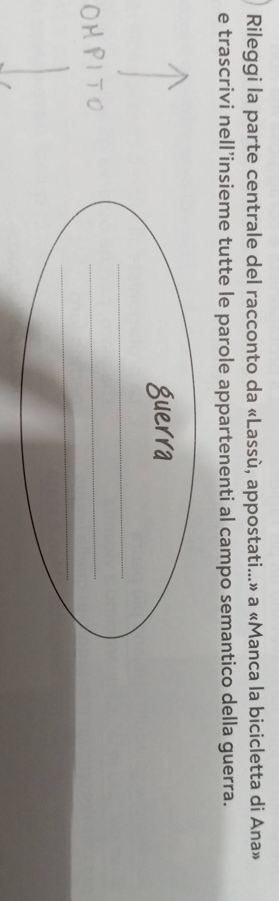 Rileggi la parte centrale del racconto da «Lassù, appostati...» a «Manca la bicicletta di Ana» 
e trascrivi nell’insieme tutte le parole appartenenti al campo semantico della guerra. 
_ 
_ 
_