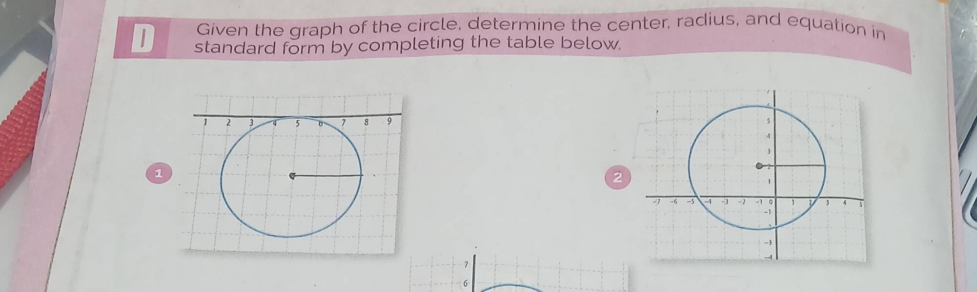 Given the graph of the circle, determine the center, radius, and equation in 
standard form by completing the table below.

1
2
7
6