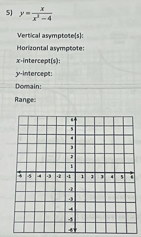 y= x/x^2-4 
Vertical asymptote(s): 
Horizontal asymptote: 
x-intercept(s): 
y-intercept: 
Domain: 
Range: