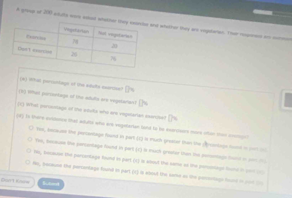 A group of 200 adults were esked wheand whether they ars vegetarian. Their resporess ars sxmes
(a) What percentage of the adults exercise? 
(b) What percentage of the adults are vegetarian? ₹%
(c) What percentage of the edults who are vegetarian exercise? □ % 6
(d) Is there evidence that adults who are vegetarian tend to be exercisers more often than avenees?
Yes, because the percentage found in part (c) is much greater than the percanlags foued in part (-
Yes, because the parcentage found in part (c) is much greater than the percentage found in par ().
No, because the parcentage found in part (c) is about the same as the peromtage found in pars
No, because the percentage found in part (c) is about the same as the percentage faund in pos (
Don't Know Submil