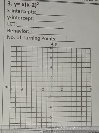 y=x(x-2)^2
_ 
x-intercepts: 
y-intercept: 
_ 
LCT: 
_ 
_ 
Behavior: 
No. of Turning Points: