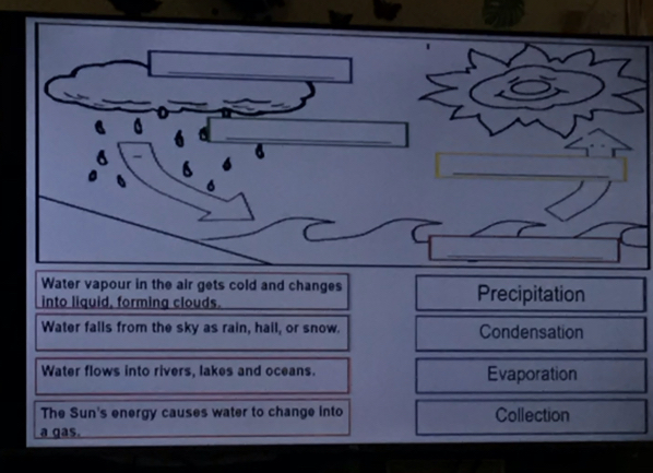 Water vapour in the air gets cold and changes
into liquid, forming clouds Precipitation
Water falls from the sky as rain, hail, or snow. Condensation
Water flows into rivers, lakes and oceans. Evaporation
The Sun's energy causes water to change into Collection
a gas.