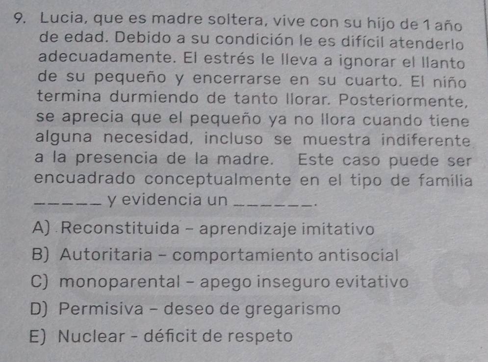 Lucia, que es madre soltera, vive con su hijo de 1 año
de edad. Debido a su condición le es difícil atenderlo
adecuadamente. El estrés le lleva a ignorar el llanto
de su pequeño y encerrarse en su cuarto. El niño
termina durmiendo de tanto Ilorar. Posteriormente,
se aprecia que el pequeño ya no llora cuando tiene
alguna necesidad, incluso se muestra indiferente
a la presencia de la madre. Este caso puede ser
encuadrado conceptualmente en el tipo de família
_y evidencia un_
.
A) Reconstituida - aprendizaje imitativo
B) Autoritaria - comportamiento antisocial
C) monoparental - apego inseguro evitativo
D) Permisiva - deseo de gregarismo
E) Nuclear - déficit de respeto