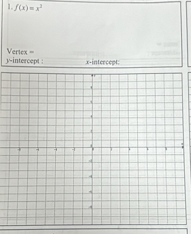 f(x)=x^2
Vertex = 
y-intercept : x-intercept: