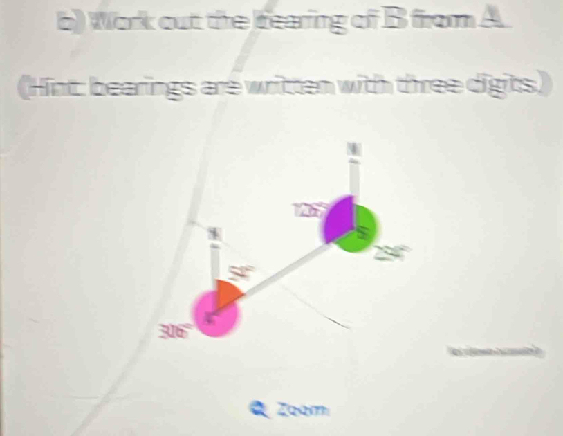 Work out the learing of B from A 
(Hint: bearings are written with three digits)
x°
_
316°
Q Zoom