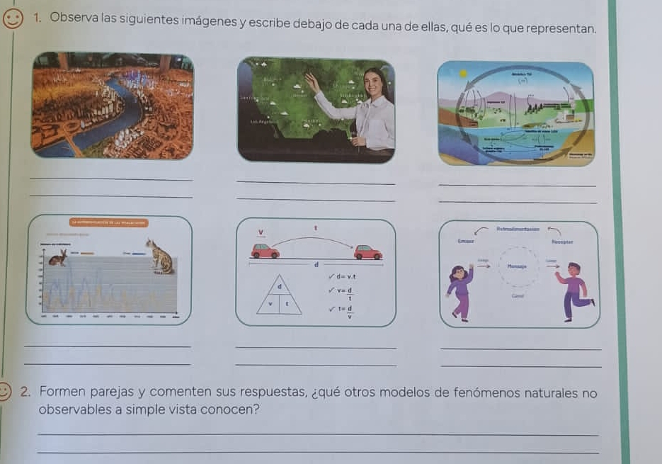 Observa las siguientes imágenes y escribe debajo de cada una de ellas, qué es lo que representan.
_
_
_
_
_
_
_
_
_
_
_
_
2. Formen parejas y comenten sus respuestas, ¿qué otros modelos de fenómenos naturales no
observables a simple vista conocen?
_
_