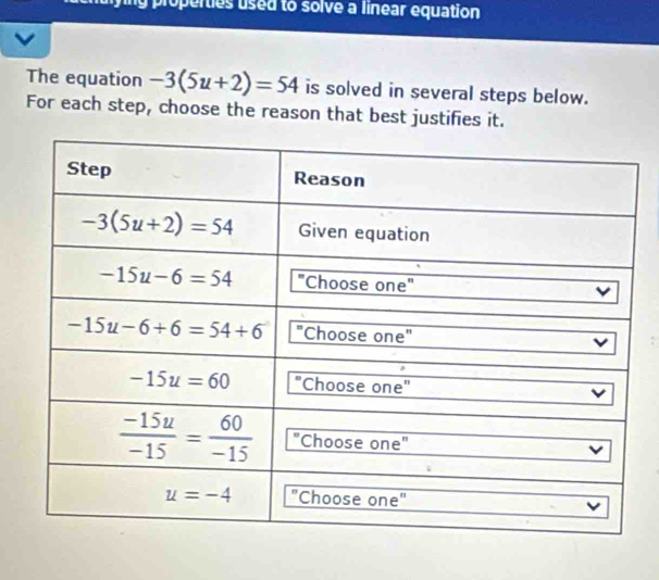 ing properties used to solve a linear equation 
The equation -3(5u+2)=54 is solved in several steps below.
For each step, choose the reason that best justifies it.