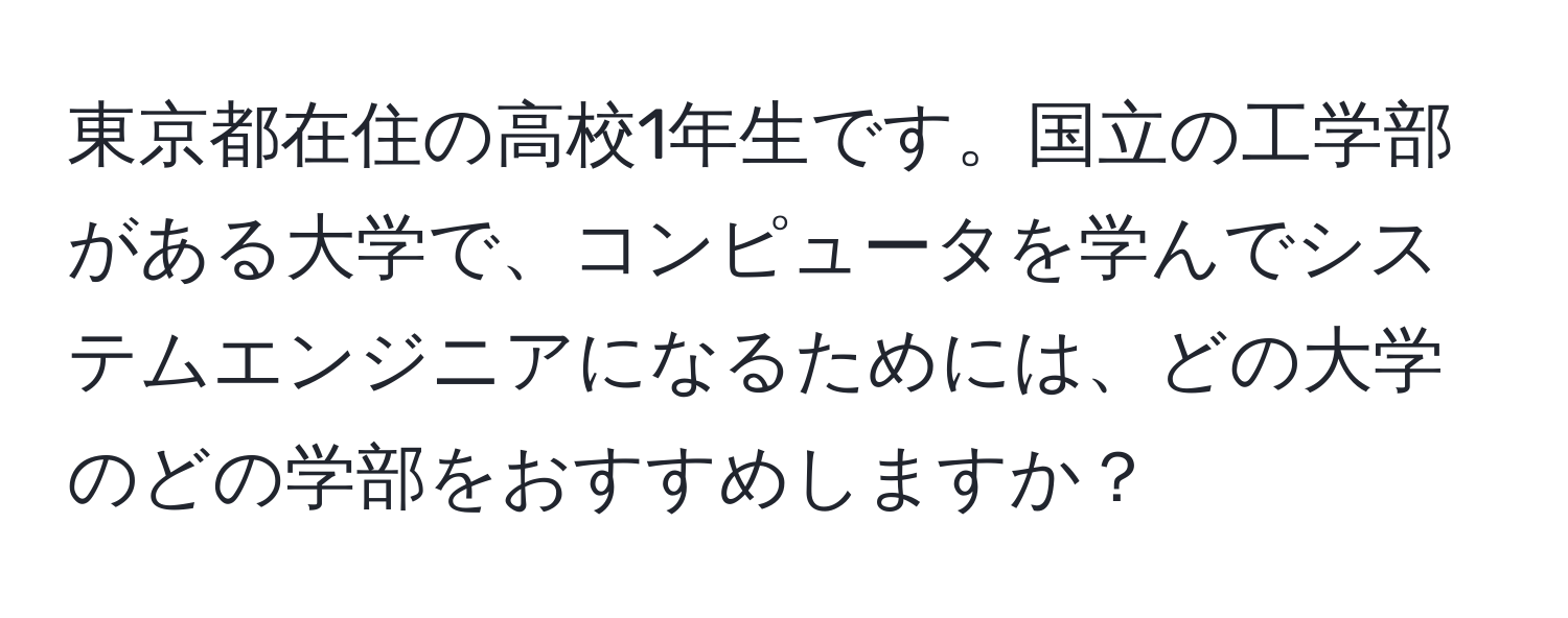 東京都在住の高校1年生です。国立の工学部がある大学で、コンピュータを学んでシステムエンジニアになるためには、どの大学のどの学部をおすすめしますか？