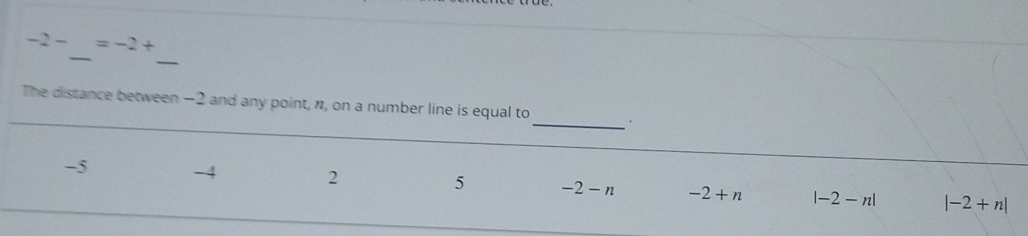 -2- =-2+
_
_
_
The distance between -2 and any point, n, on a number line is equal to
-5
2
5
-2-n
-2+n |-2-n| |-2+n|