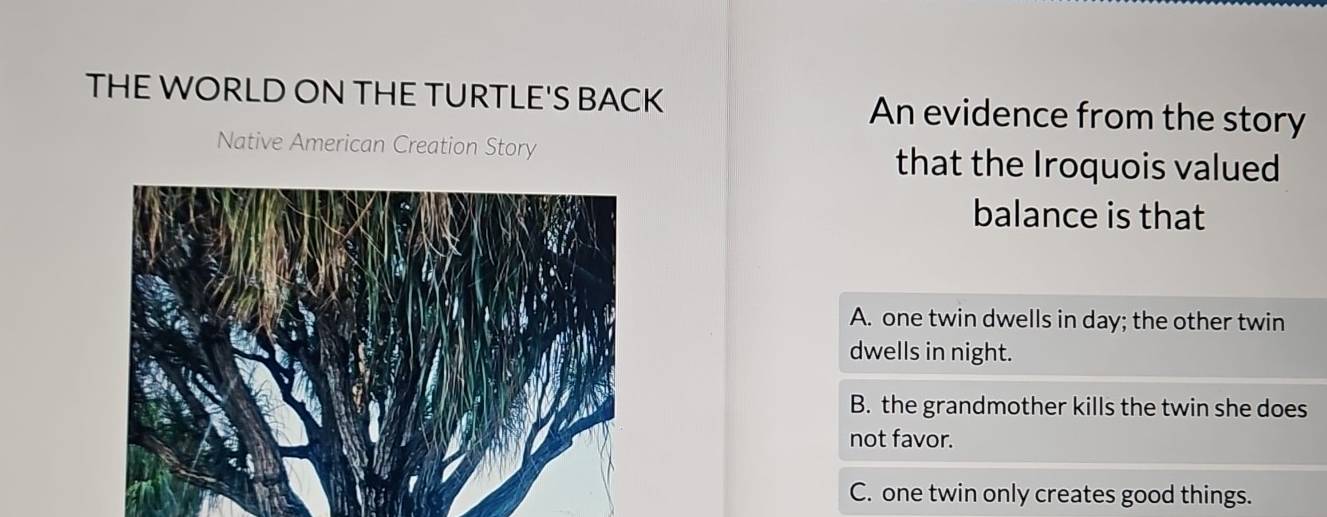 THE WORLD ON THE TURTLE'S BACK An evidence from the story
Native American Creation Story
that the Iroquois valued
balance is that
A. one twin dwells in day; the other twin
dwells in night.
B. the grandmother kills the twin she does
not favor.
C. one twin only creates good things.