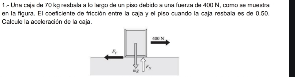 1.- Una caja de 70 kg resbala a lo largo de un piso debido a una fuerza de 400 N, como se muestra
en la figura. El coeficiente de fricción entre la caja y el piso cuando la caja resbala es de 0.50.
Calcule la aceleración de la caja.