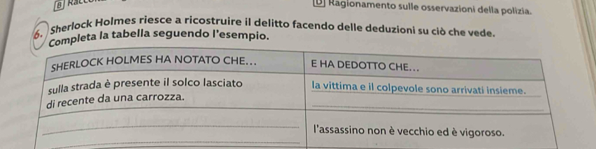 D] Ragionamento sulle osservazioni della polizia.
6. Sherlock Holmes riesce a ricostruire il delitto facendo delle deduzioni su ciò che vede.
leta la tabella seguendo l’esempio.