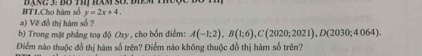 ĐANG 3: ĐO THị HăM SO. ĐIEM Thờ 
BT1.Cho hàm số y=2x+4. 
a) Vẽ đồ thị hàm số ? 
b) Trong mặt phẳng toạ độ Oxy, cho bốn điểm: A(-1;2), B(1;6), C(2020;2021), D(2030;4064). 
Điểm nào thuộc đồ thị hàm số trên? Điểm nào không thuộc đồ thị hàm số trên?