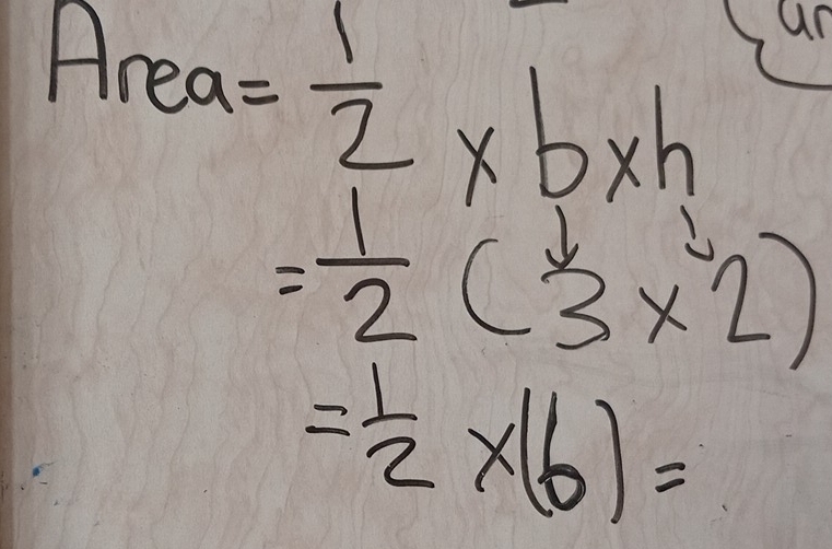 10 a= 1/2 * b* h un
= 1/2 (3* 2)
= 1/2 * (6)=