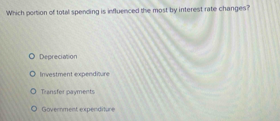 Which portion of total spending is influenced the most by interest rate changes?
Depreciation
Investment expenditure
Transfer payments
Government expenditure