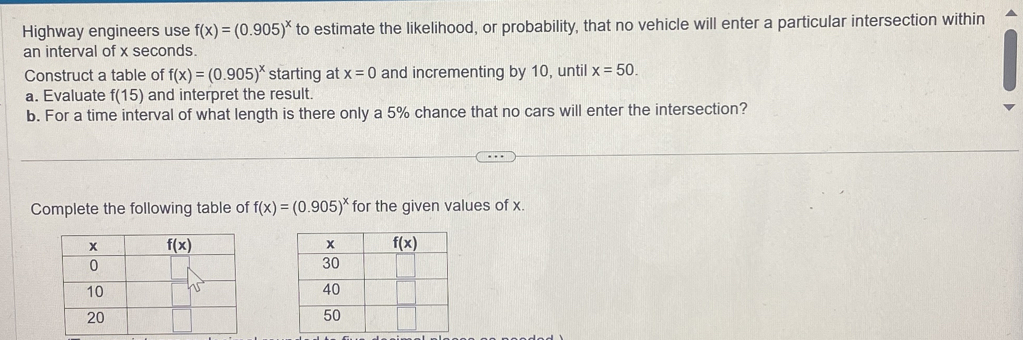 Highway engineers use f(x)=(0.905)^x to estimate the likelihood, or probability, that no vehicle will enter a particular intersection within
an interval of x seconds.
Construct a table of f(x)=(0.905)^x starting at x=0 and incrementing by 10, until x=50.
a. Evaluate f(15) and interpret the result.
b. For a time interval of what length is there only a 5% chance that no cars will enter the intersection?
Complete the following table of f(x)=(0.905)^x for the given values of x.