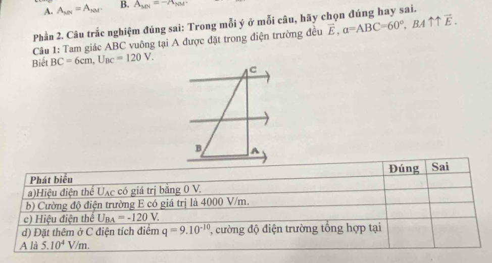 A. A_MN=A_NM. B. A_MN=-A_NM·
Phần 2. Câu trắc nghiệm đúng sai: Trong mỗi ý ở mỗi câu, hãy chọn đúng hay sai.
Câu 1: Tam giác ABC vuông tại A được đặt trong điện trường đều vector E, alpha =ABC=60°, BAuparrow uparrow overline E. 
Biết BC=6cm, U_BC=120V. 
C
B A
Phát biểu Đúng Sai
a)Hiệu điện thể Uạc có giá trị bằng 0 V.
b) Cường độ điện trường E có giá trị là 4000 V/m.
c) Hiệu điện thể U_BA=-120V. 
d) Đặt thêm ở C điện tích điểm q=9.10^(-10) 2, cường độ điện trường tổng hợp tại
A là 5.10^4V/m.