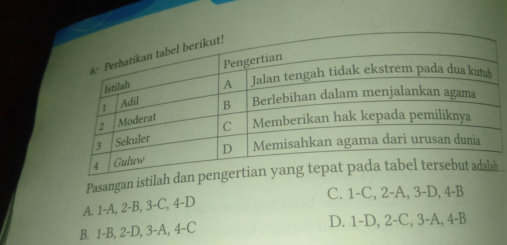 Pasangan istilah
C. 1 -C, 2 -A, 3 -D, 4 -B
A. 1 -A, 2 -B, 3 -C, 4 -D
D. 1 -D, 2 -C, 3 -A, 4 -B
B. 1 -B, 2 -D, 3 -A, 4 -C