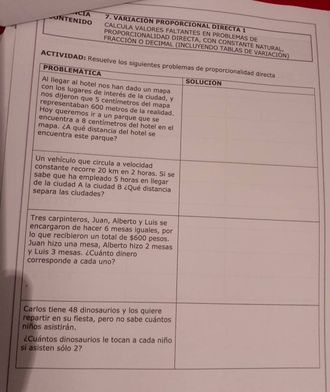 CIA 7. VARIACIÓN PROPORCIONAL DIRECTA 1 
SONTENIDO CALCULA VALORES FALTANTES EN PROBLEMAS DE 
PROPORCIONALIDAD DIRECTA, CON CONSTANTE NATURAL. 
FRACCIÓN O DECIMAL (INCLUYENDO TABLAS DE VARIACIÓN) 
ACTIVIDA