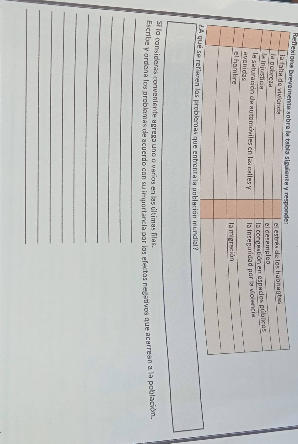 Reflexiona 
Si lo consideras conveniente agrega uno o varios en las últimas filas. 
_ 
Escribe y ordena los problemas de acuerdo con su importancia por los efectos negativos que acarrean a la población. 
_ 
_ 
_ 
_ 
_ 
_ 
_ 
_ 
_