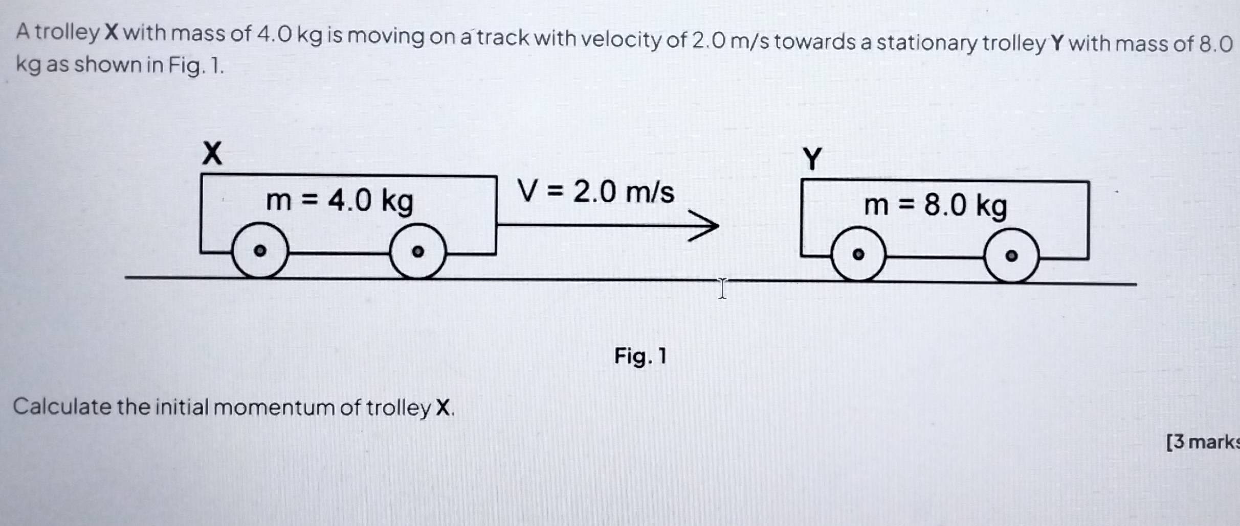 A trolley X with mass of 4.0 kg is moving on a track with velocity of 2.0 m/s towards a stationary trolley Y with mass of 8.0
kg as shown in Fig. 1.
Fig. 1
Calculate the initial momentum of trolley X.
[3 mark