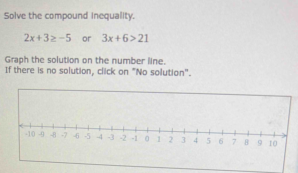 Solve the compound inequality.
2x+3≥ -5 or 3x+6>21
Graph the solution on the number line. 
If there is no solution, click on "No solution".