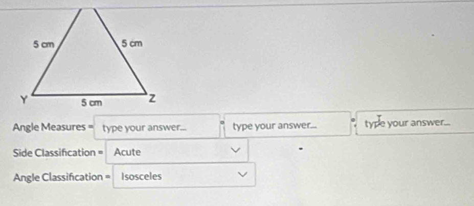 Angle Measures = type your answer... type your answer... type your answer... 
Side Classification = Acute 
Angle Classification = Isosceles