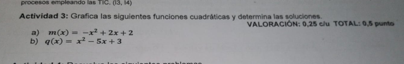 procesos empleando las TIC. (13,14)
Actividad 3: Grafica las siguientes funciones cuadráticas y determina las soluciones.
VALORACIÓN: 0,25 c/u TOTAL: 0,5 punto
a) m(x)=-x^2+2x+2
b) q(x)=x^2-5x+3